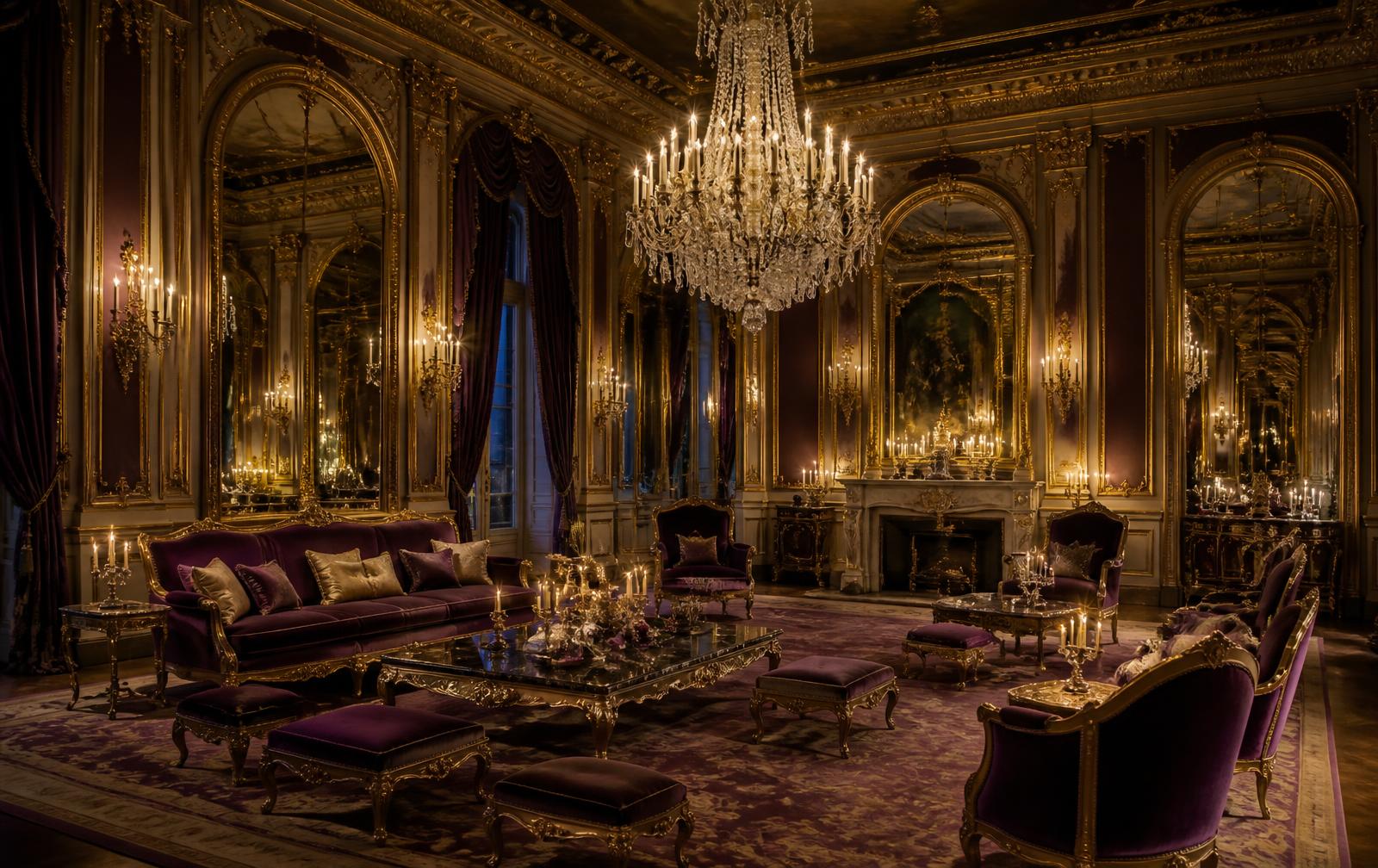 Gilded Versailles-style salon lit by a crystal chandelier